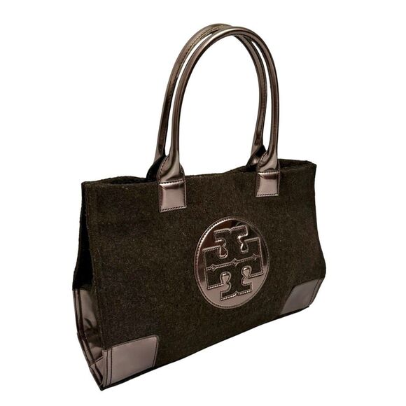 Tory Burch Ella Tote Bag Brown Felt Wool w Detail Metallic Patent Leather - Picture 2 of 10